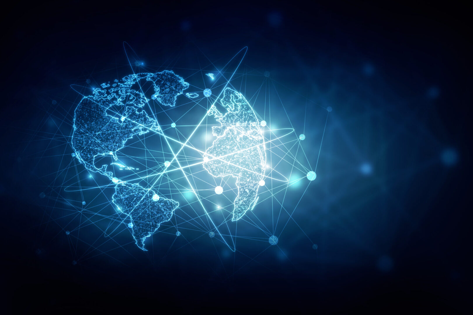 World map on a technological background, glowing lines symbols of the Internet, radio, television, mobile and satellite communications.