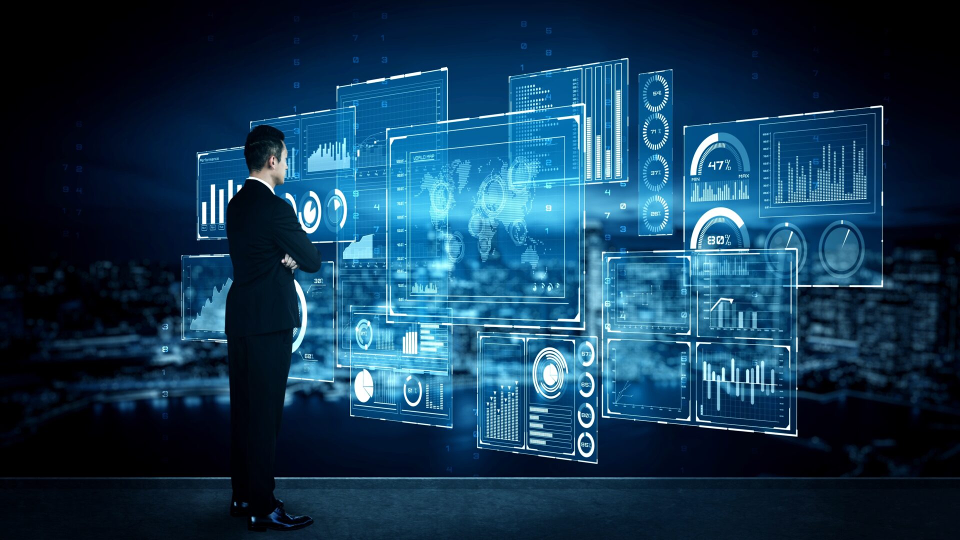 Business intelligence technology and big data analytic mixed media showing concept of futuristic information report using computer software to analyze strategic investment advice for decision making .